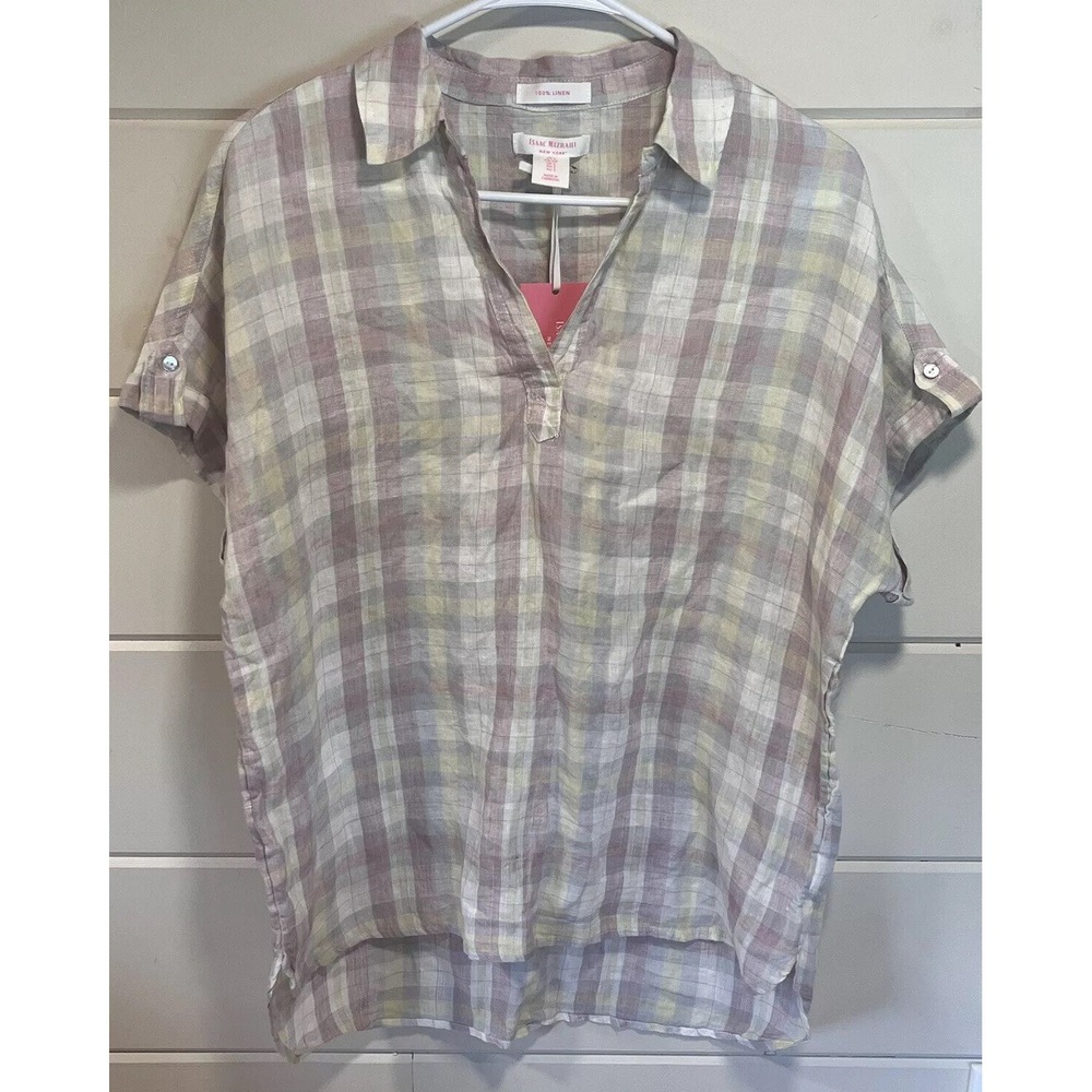 NWT‎ Isaac Mizrahi 100% Linen Pastel Plaid Button Up Blouse Shirt Size Small